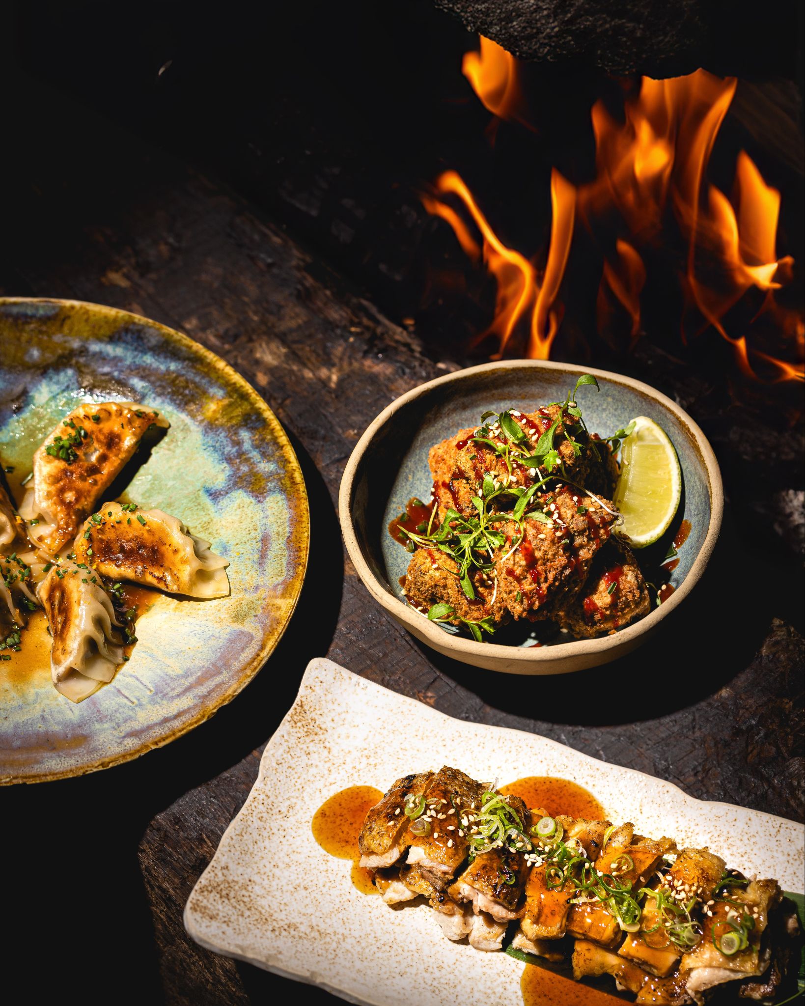 Chotto Matte chicken and prawn Nikkei gyoza and spicy buttermilk chicken karaage